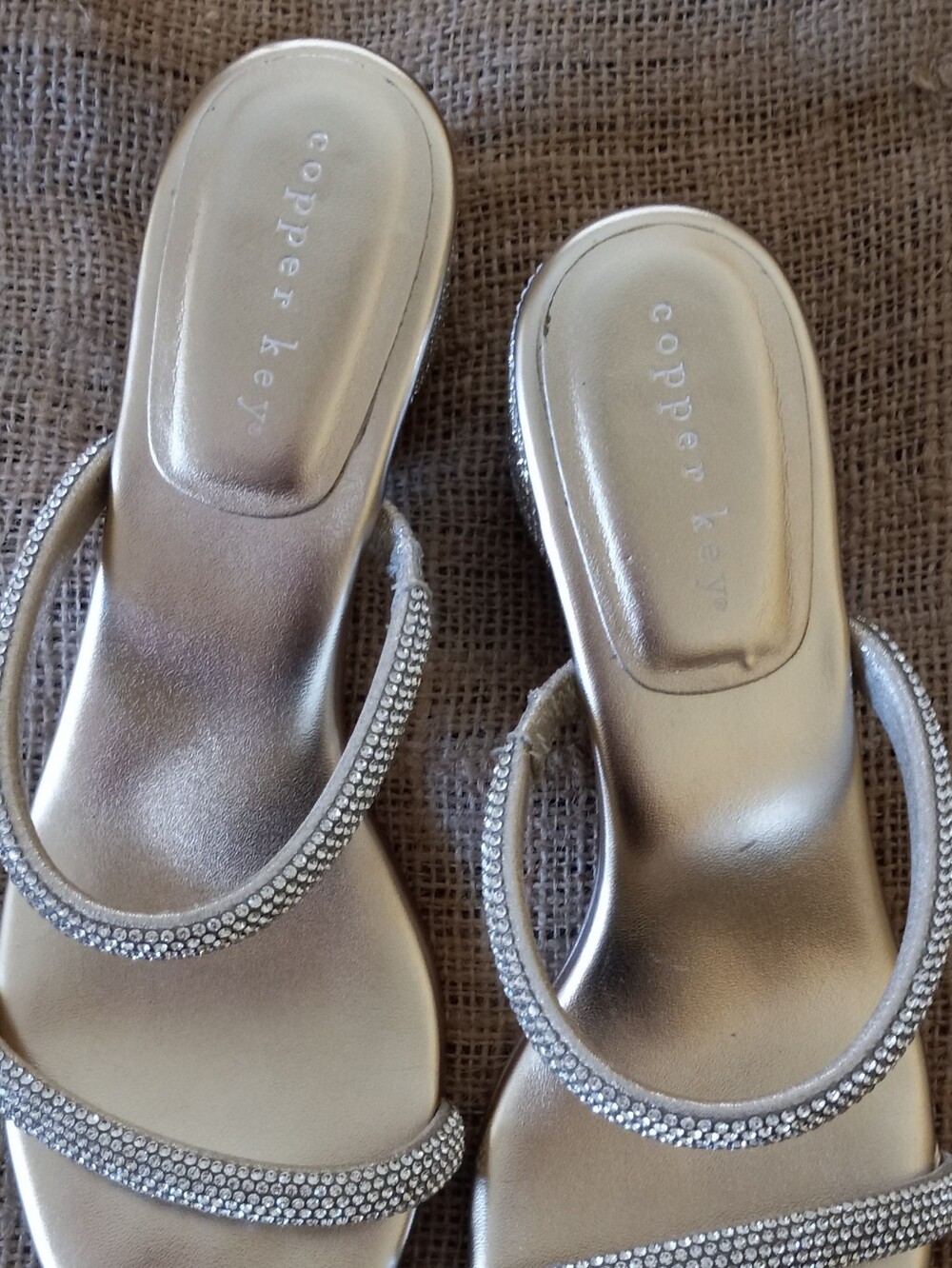 Copper Key Metallic Gold Rhinestone Double-Strap Slide Heels Size 8